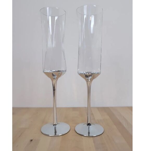 🔥Rachel Zoe Long Champagne Flute Glass Silver Set of Two! - Picture 6 of 8